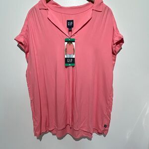 Gap Womens Coral Pink Notch Collar Short Sleeve Tacked Cuffs Popover Top XL NWT